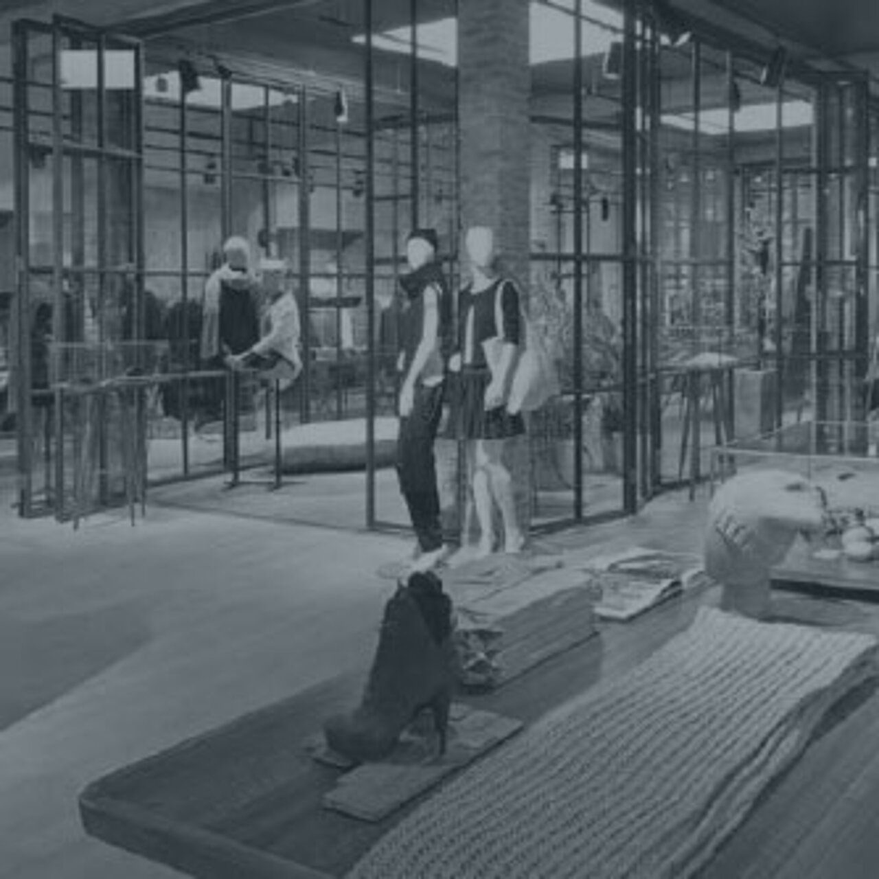 Modern gestaltete Ladenfläche eines ESPRIT Stores - steht symbolisch für den Bereich "Projektpartnerschaften". Bild wurde dunkel gefärbt wegen Mouse-Over Effekt